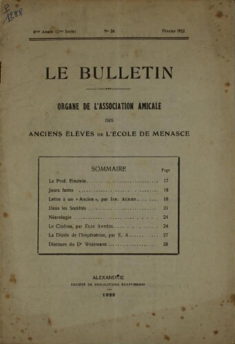 Le Bulletin (Menasce) 2ème série. Vol. 6 n° 26 (février 1923)