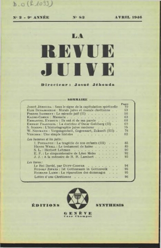 La Revue Juive de Genève. Vol. 9 n° 2 fasc. 82 (avril 1946)