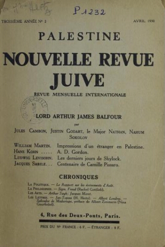 Palestine, nouvelle revue juive Vol. 5 n° 2 (avril 1930)