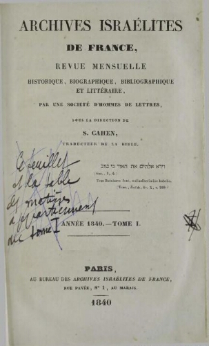 Archives israélites de France. (1840  Vol.01)