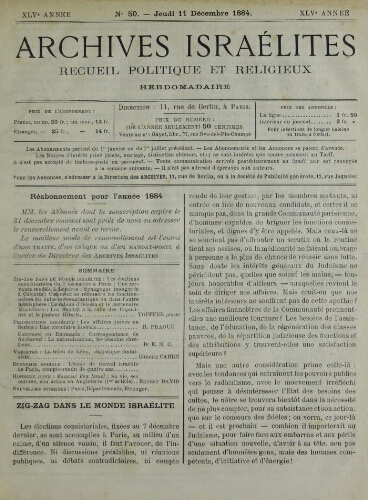 Archives israélites de France. Vol.45 N°50 (11 déc. 1884)