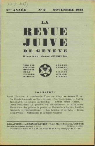La Revue Juive de Genève. Vol. 2 n° 2 fasc. 12 (novembre 1933)