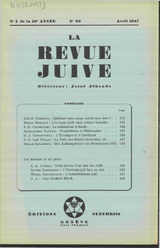 La Revue Juive de Genève. Vol. 10 n° 4 fasc. 92 (avril 1947)