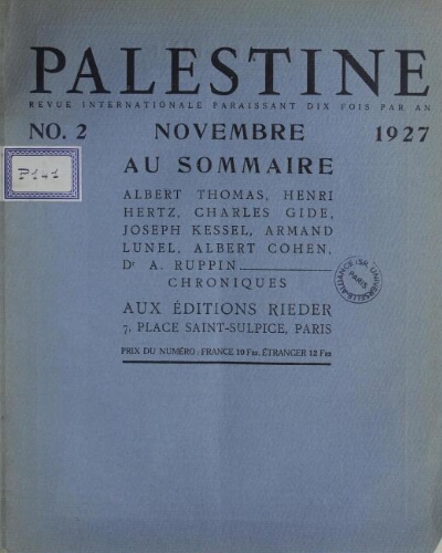 Palestine, nouvelle revue juive Vol. 1 n° 2 (novembre 1927)