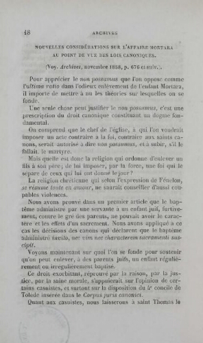 Nouvelles considérations sur l'affaire Mortara au point de vue des lois canoniques.(Voy. Archives, novembre 1858, p. 676 et suiv.).
