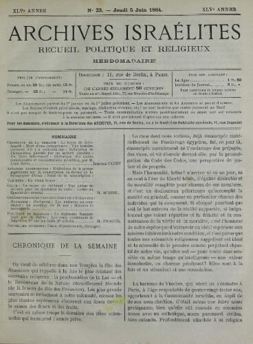 Archives israélites de France. Vol.45 N°23 (05 juin 1884)