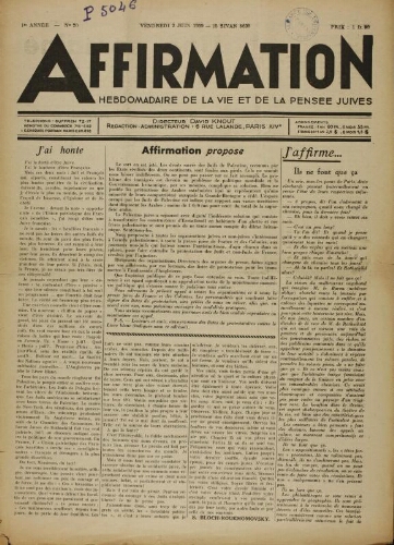 Affirmation. Vol. 01 N°20 (02 juin 1939)