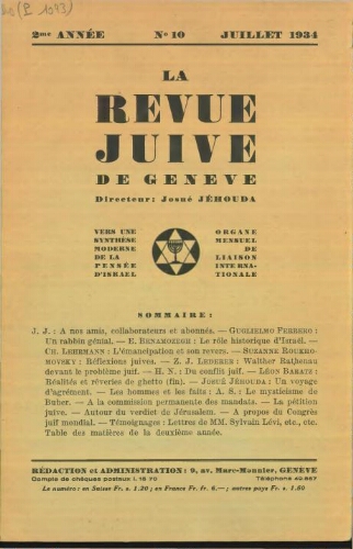 La Revue Juive de Genève. Vol. 2 n° 10 fasc. 20 (juillet 1934)
