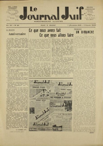 Le Journal Juif N°44 ( 01 novembre 1935 )