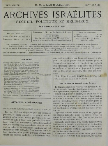 Archives israélites de France. Vol.45 N°28 (10 juil. 1884)