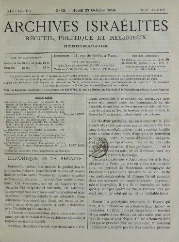 Archives israélites de France. Vol.45 N°43 (23 oct. 1884)