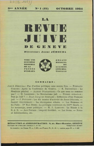 La Revue Juive de Genève. Vol. 3 n° 1 fasc. 21 (octobre 1934)
