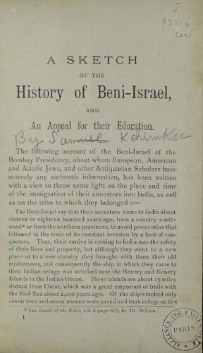 A Sketch of the history of Bene-Israel and an appeal for their education