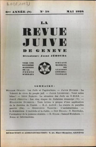 La Revue Juive de Genève. Vol. 6 n° 8 fasc. 58 (mai 1938)