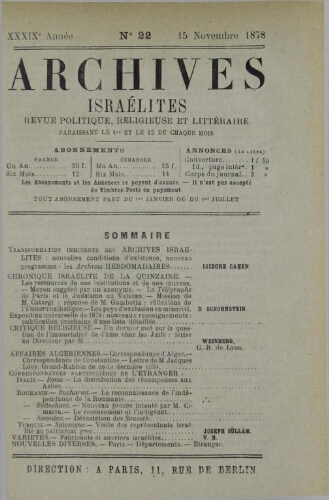 Archives israélites de France. Vol.39 N°22 (15 nov. 1878)