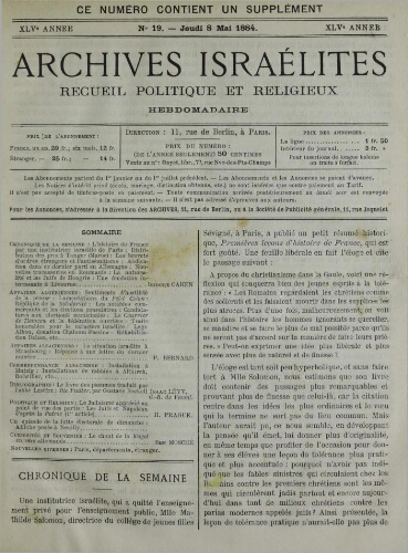 Archives israélites de France. Vol.45 N°19 (08 mai 1884)