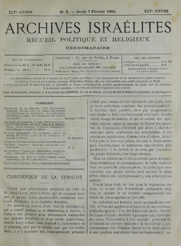Archives israélites de France. Vol.45 N°06 (07 févr. 1884)