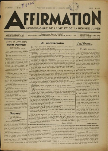 Affirmation. Vol. 01 N°23 (23 juin 1939)