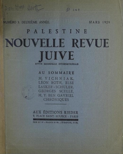 Palestine, nouvelle revue juive Vol. 3 n° 3 (mars 1929)