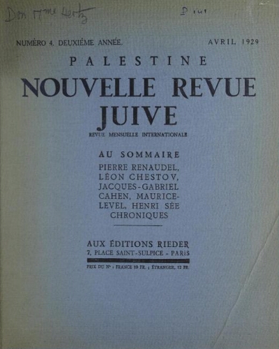 Palestine, nouvelle revue juive Vol. 3 n° 4 (avril 1929)