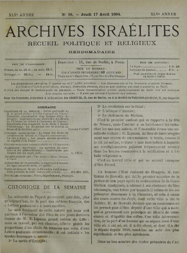Archives israélites de France. Vol.45 N°16 (17 avr. 1884)