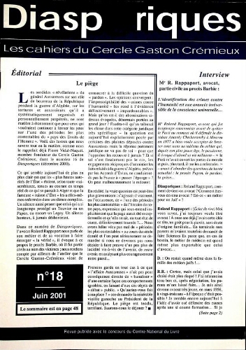 Diasporiques : les cahiers du Cercle Gaston-Crémieux N°18 (Juin 2001)