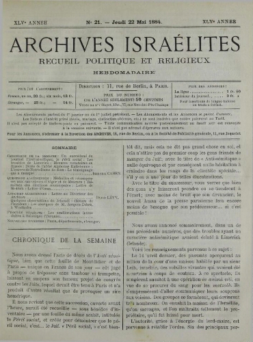Archives israélites de France. Vol.45 N°21 (22 mai 1884)