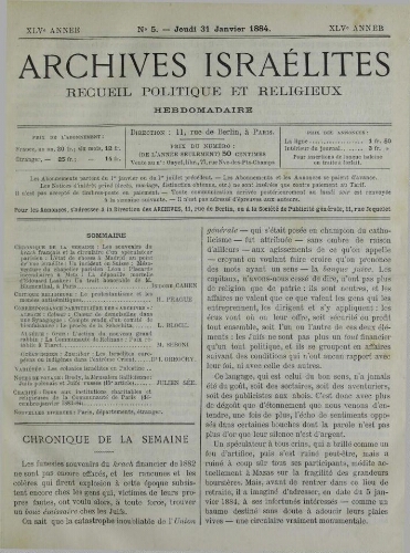 Archives israélites de France. Vol.45 N°05 (31 janv. 1884)