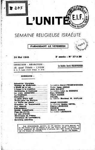 L'Unité : Semaine religieuse israélite. 3ème Année N° 17-20 (24 mai 1946)