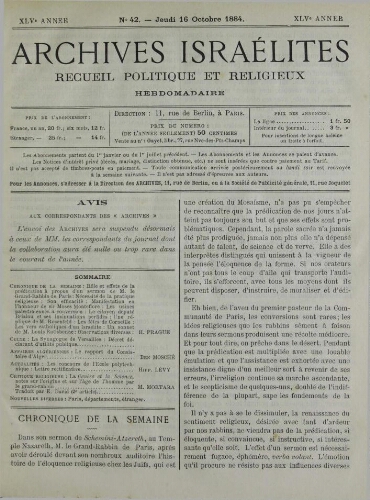 Archives israélites de France. Vol.45 N°42 (16 oct. 1884)