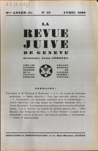 La Revue Juive de Genève. Vol. 6 n° 7 fasc. 57 (avril 1938)