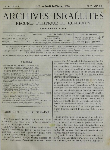 Archives israélites de France. Vol.45 N°07 (14 févr. 1884)