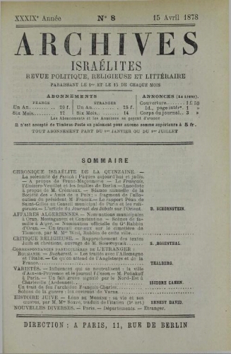 Archives israélites de France. Vol.39 N°08 (15 avr. 1878)