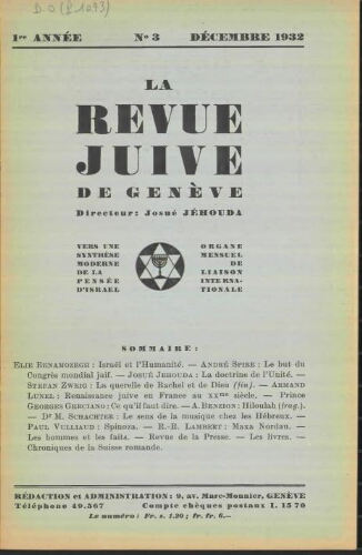 La Revue Juive de Genève. Vol. 1 n° 3 fasc. 3 (décembre 1932)