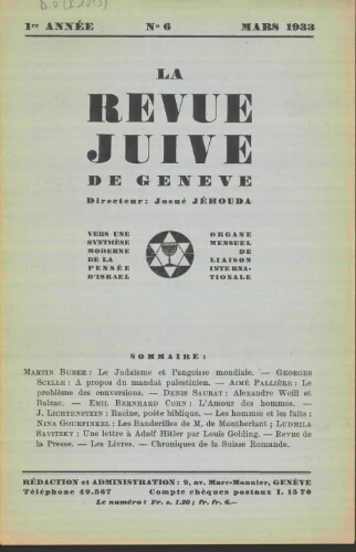 La Revue Juive de Genève. Vol. 1 n° 6 fasc. 6 (mars 1933)