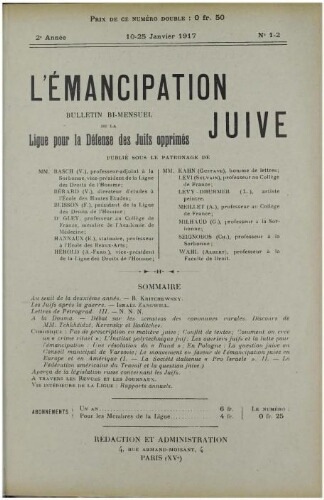 L'Emancipation Juive. Vol. 2 n° 1-2 (10-25 janvier 1917)