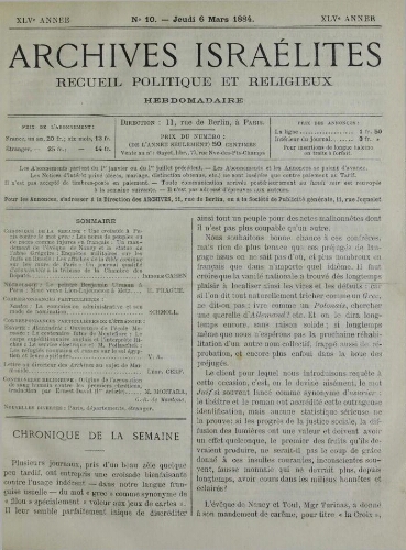 Archives israélites de France. Vol.45 N°10 (06 mars 1884)